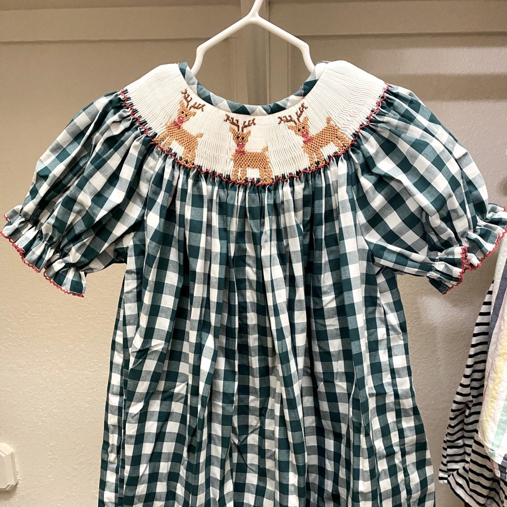 Reindeer Christmas smocked gingham dress